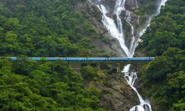 Goa tour package Dudhsagar Falls with cascading water and lush greenery